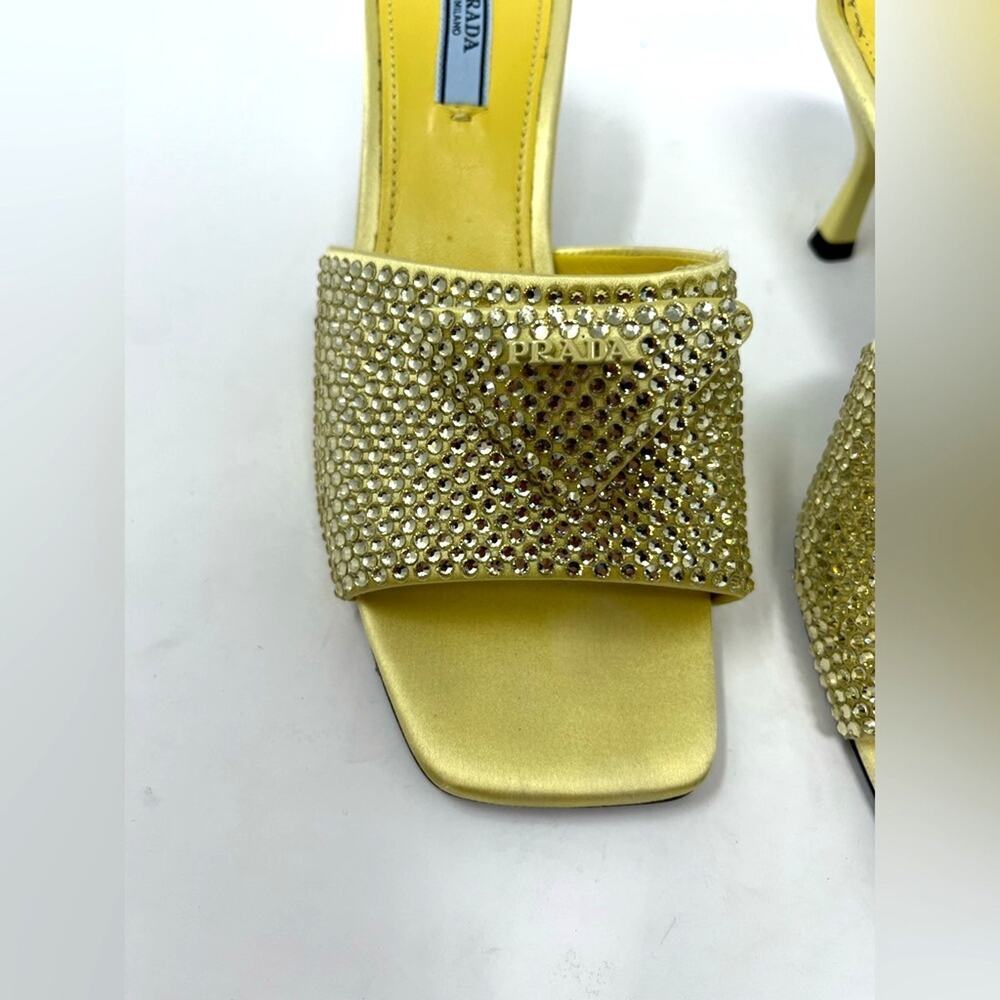 Prada Crystal Embellished Satin Mules Butter Yellow Triangle Logo Open Toe 37.5 - Picture 3 of 9